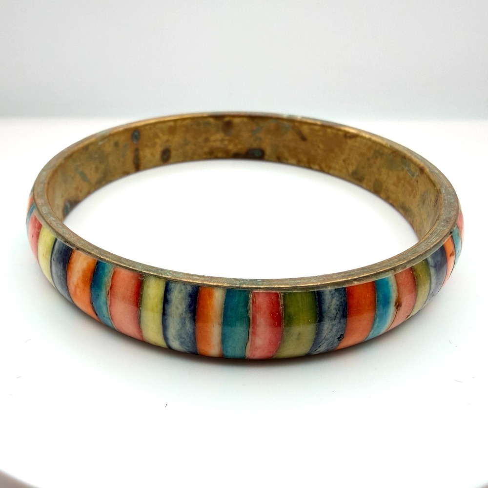 Vintage Gold Tone Chunky Bangle Bracelet Multicolor Boho Retro